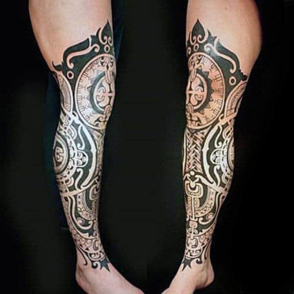 Amazing Tribal Full Sleeve Tattoo Ideas On Leg For Gentlemen