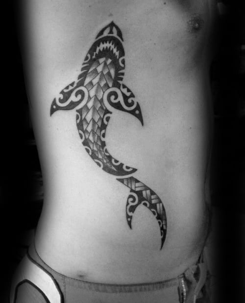 Amazing Tribal Shark Tattoos For Guys On Ribs Of Body