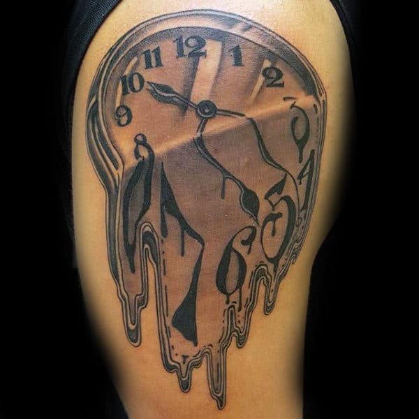 Amazing Upper Arm Melting Clock Tattoo On Design On Man