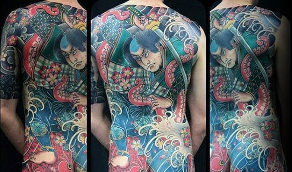 Amazing Warrior Octopus Japanese Guys Full Back Tattoos