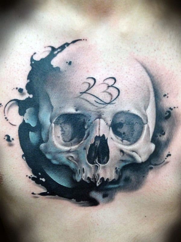Amazing Watercolor Guys Skull Chest Tattoo