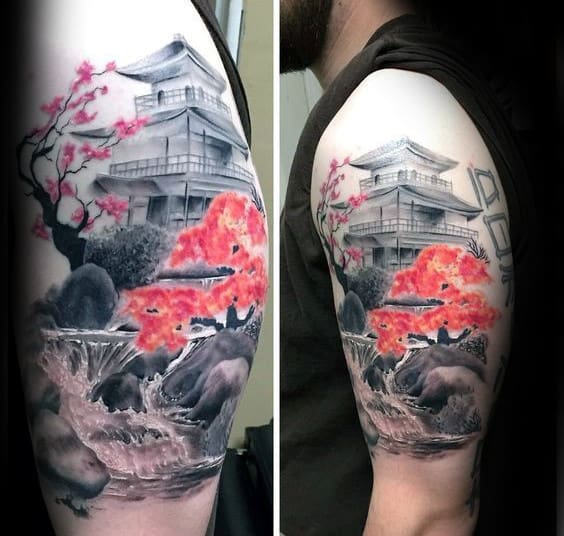 Amazing Waterfall Cherry Blossom Japanese Mens Upper Arm Tattoo With Realistic Design