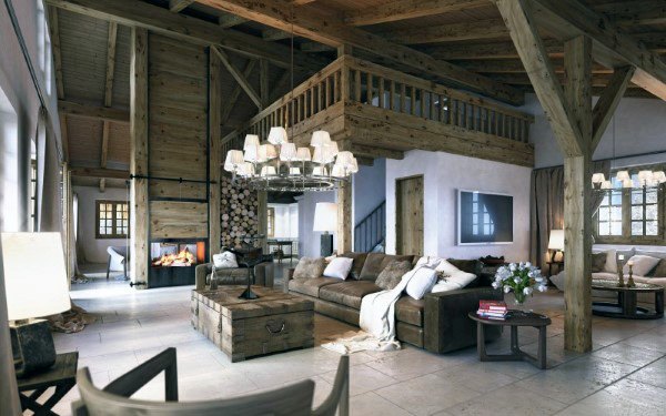 cabin inspired living room with wood accents and chandelier