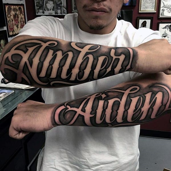 Amber Aiden Mens Outer Forearm Script Tattoo Ideas