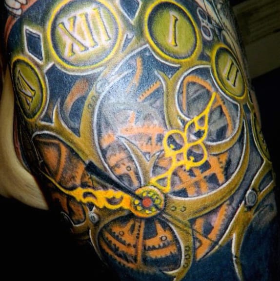 Amber Colored Steampunk Clock Gear Tattoo Guys Arms