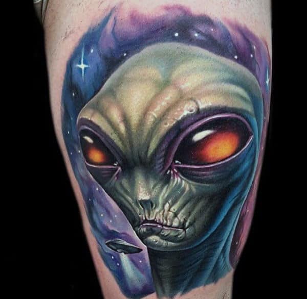 Amber Eyed Green Alien Tattoo Guys Arms