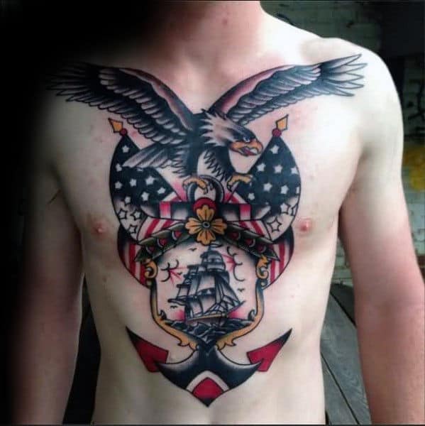 American Flag Anchor Nautical Themed Mens Old School Chest Tattoos
