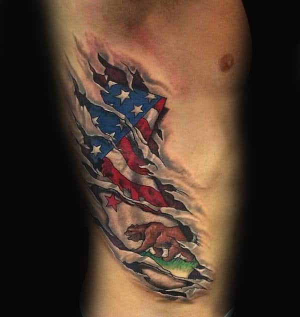 American Flag And California State Flag Mens Rib Cage Torn Skin Tattoos