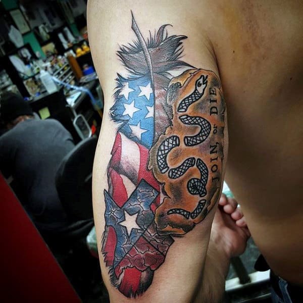 American Flag And Simple Snake Drawing Tattoo On Bicep For Men