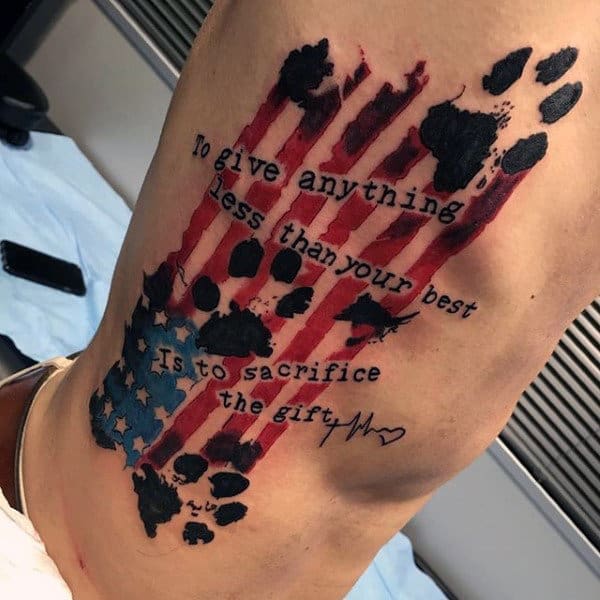 American Flag Dog Footprint Memorial Mens Tattoo On Rib Cage Side
