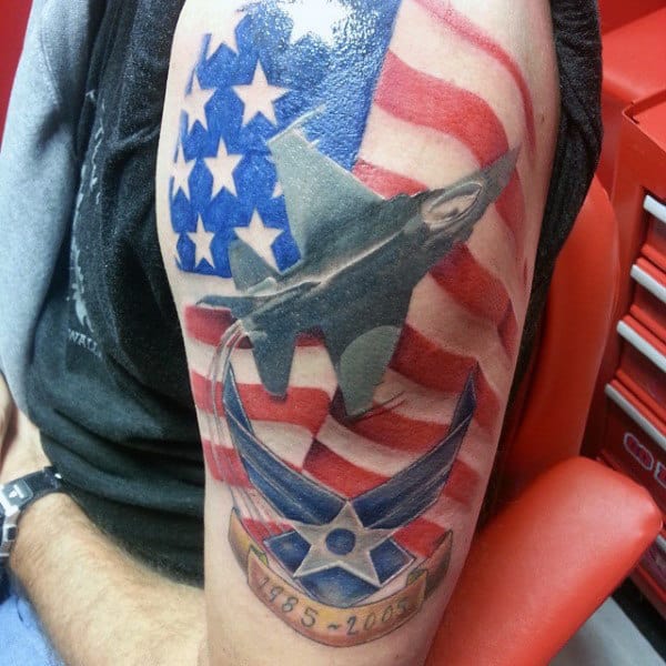 American Flag Fighter Jet Upper Arm Guys Tattoos Air Force Design