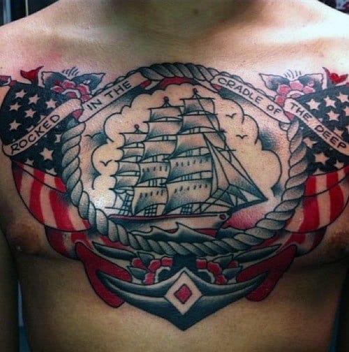 American Flag Rocked In The Cradle Of The Deep Mens Sailign Ship Anchor Navy Tattoo On Man