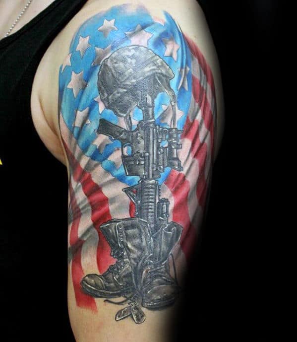 American Flag With Fallen Soldiers Cross Mens Half Sleeve Tattoo