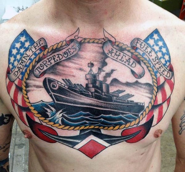 American Sailor Anchor Mens Tattoos On Chest With Flag