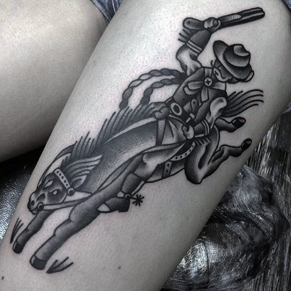 American Traditional Black And White Western Man Riding Horse Tattoo