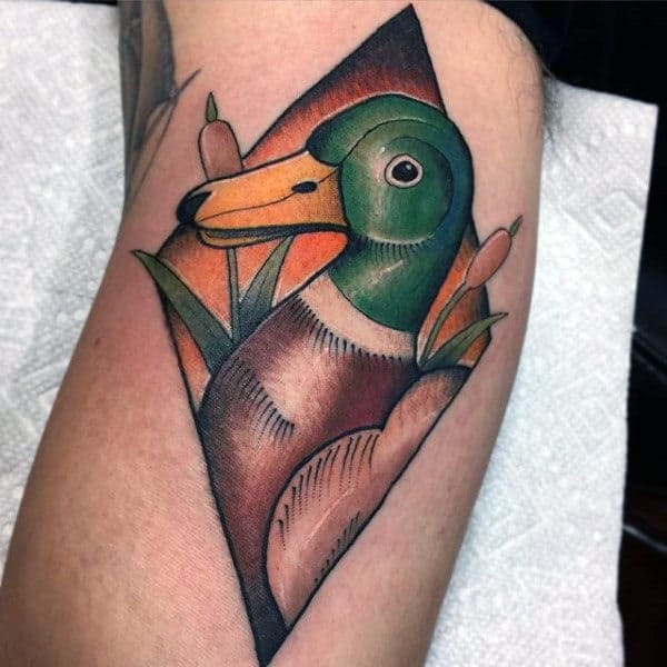American Traditional Duck Portrait Tattoo On Guys Inner Bicep