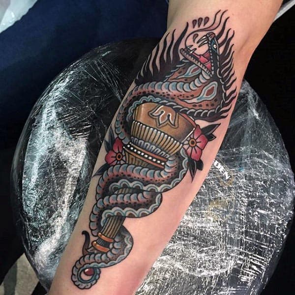 American Traditional Mens Cobra Torch Tattoo On Leg