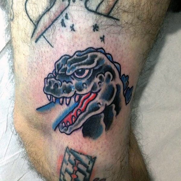 American Traditional Oulined Godzilla Tattoo On Guys Inner Thigh