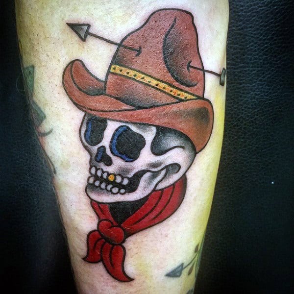 American Traditional Skull In Cowboy Hat With Arrow Tattoo On Guy