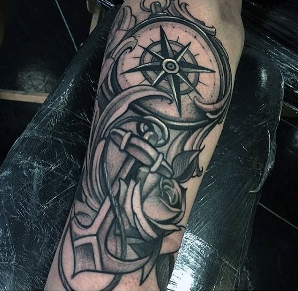 Anchor And Compass Nautical Mens Shaded Black And Grey Arm Tattoo Designs
