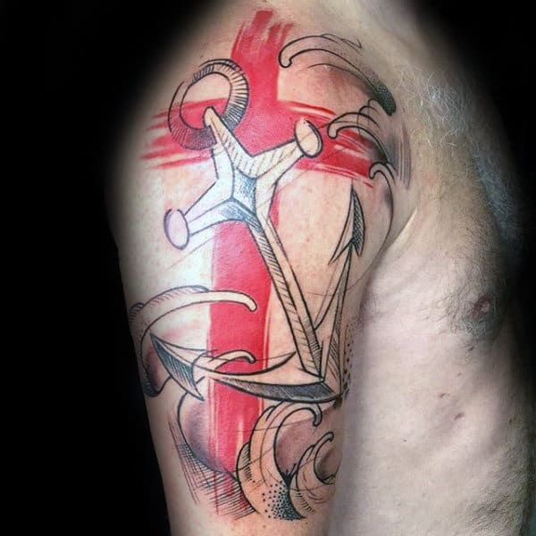 Anchor Brush Stroke Cross Mens Arm Tattoo Half Sleeve