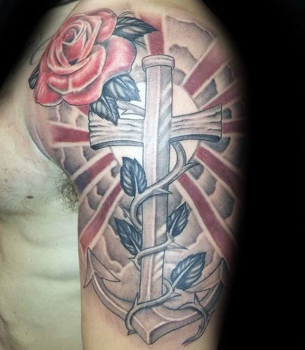 Anchor Cross Half Sleeve Sun Ray Tattoo Designs For Men