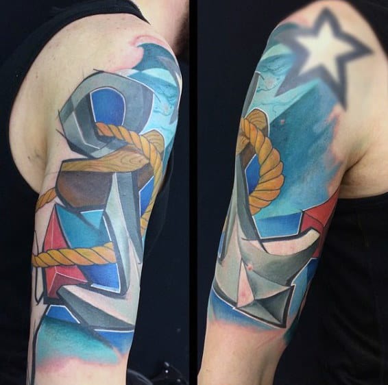 Anchor Graffiti Mens Half Sleeve Tattoo Design Ideas