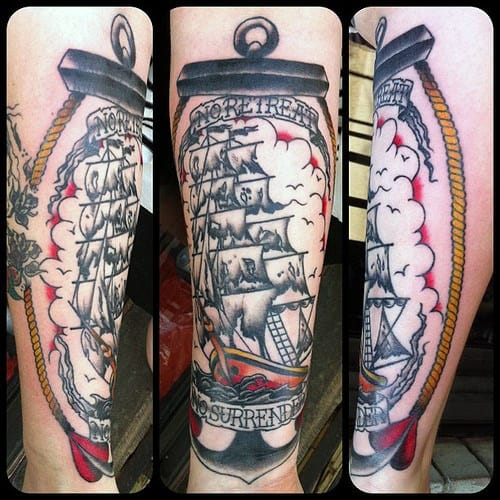 Anchor Ith Pirate Ship Mens Traditional Leg Tattoos
