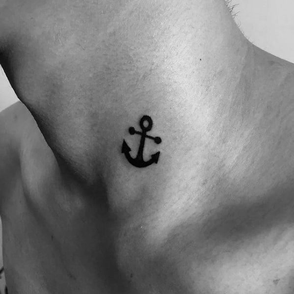 Anchor On Neck With Black Ink Design Quarter Sized Guys Tattoos