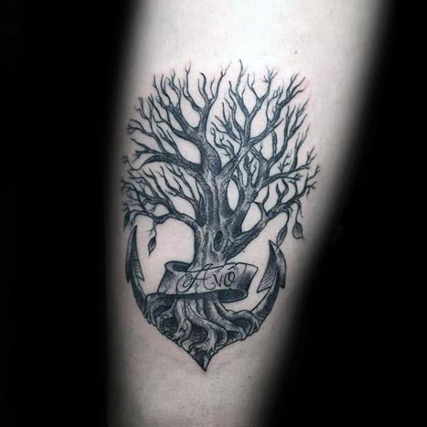Anchor Tree Of Life Mens Forearm Tattoo