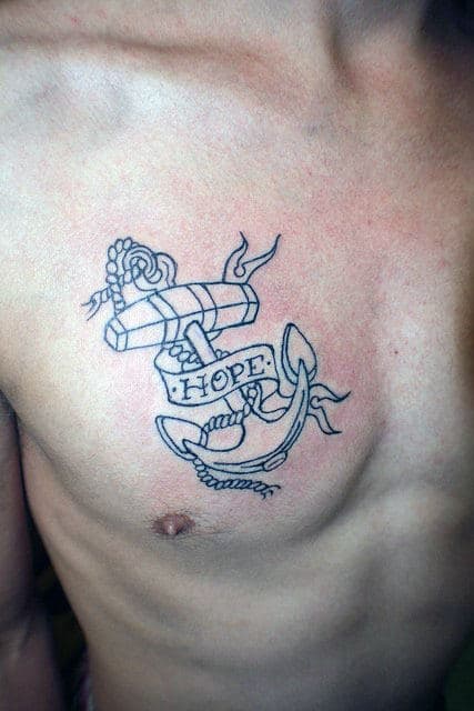 Anchor Upper Chest With Hope Banner Ribbon Mens Upper Chest Black Ink Outline Tattoo
