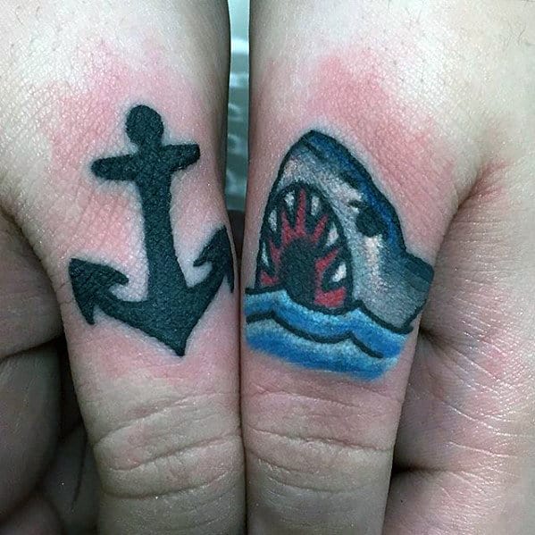 Anchor With Shark Mens Traditional Thumb Tattoos