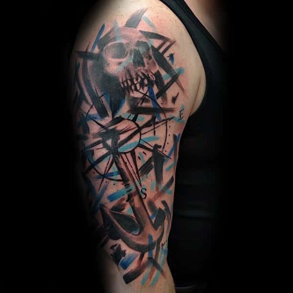 Anchor With Skull Brush Stroke Male Tattoos