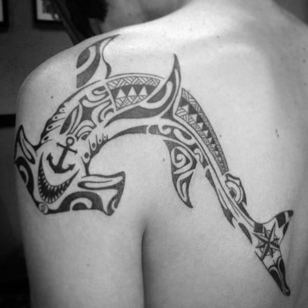 Anchor With Tribal Shark Mens Back And Shoulder Tattoos
