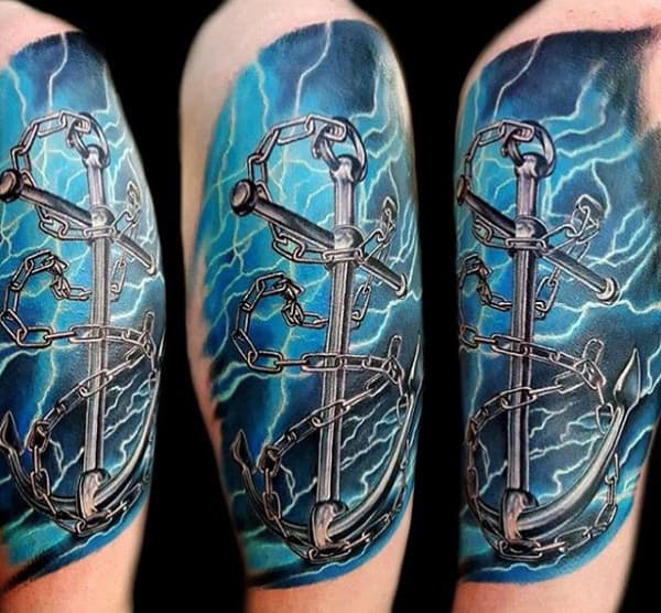 Anchor With Water Mens Upper Arm Tattoos