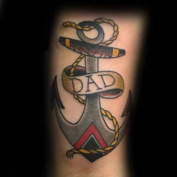 Anchor With Yellow Rope And Dad Tattoo Male Forearms