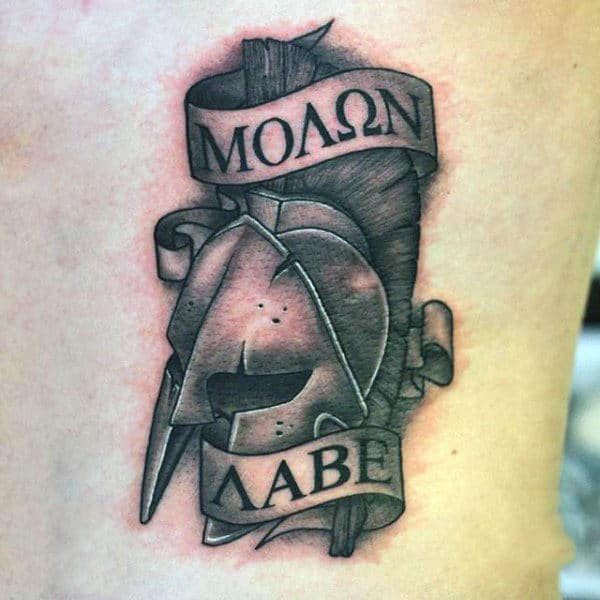 Ancient Greece Helmet With Molon Labe Scroll Male Tattoo On Ribs