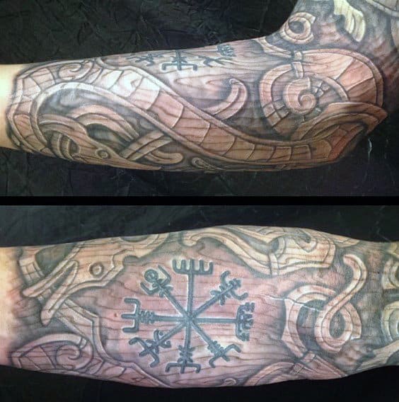 Ancient Rune Norse Themed Guys Wood Carving Forearm Sleeve Tattoo