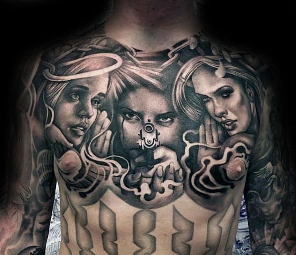 Angel And Devil Mens Chicano Upper Chest Tattoos