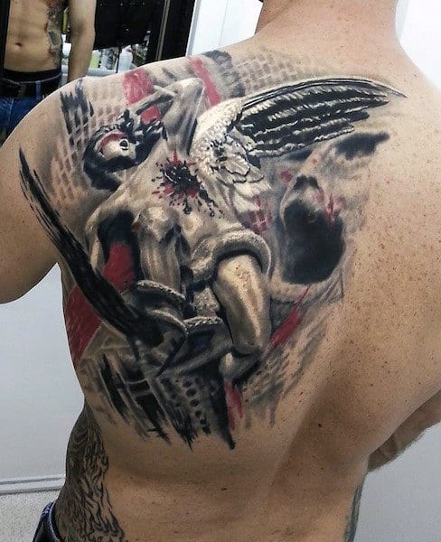 Angel Creative Mens Watercolor Red And Black Ink Back Tattoos