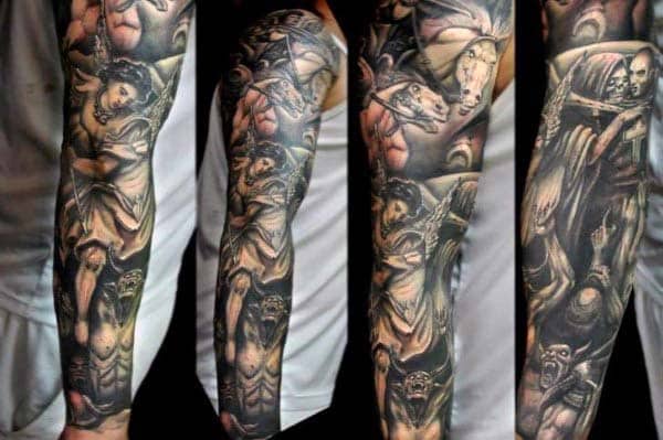 Angel Fighting Devil Extreme Guys Full Sleeve Tattoo