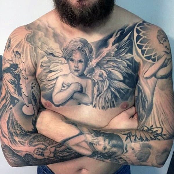 Front Chest Piece Angel Tattoos For Guys 