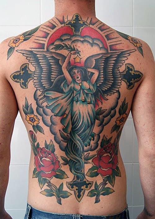Angel Traditional Back Tattoo For Guys
