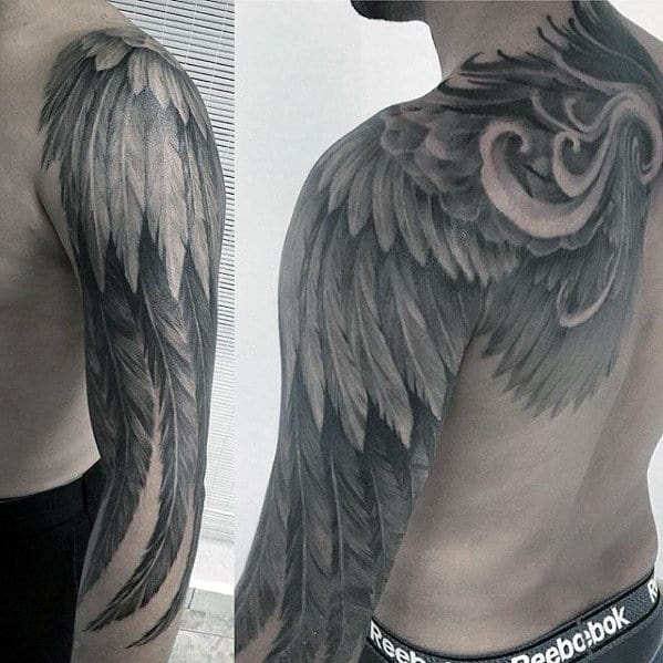 Angel Wing Feathers Awesome Mens Hafl Sleeve Tattoos