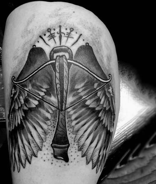 Angel Wings Bow Archery Mens Thigh Tattoo Design Ideas