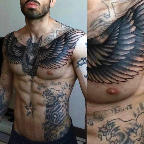 Angel Wings God Anubis Mens Upper Chest Tattoo Designs