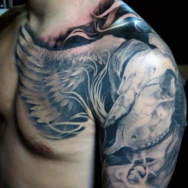 Angel Wings Horned Ram Skull Guys Chest And Shoulder Tattoo