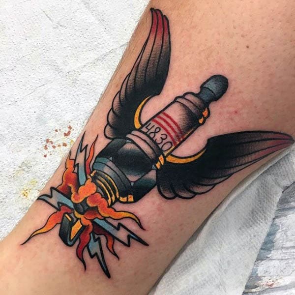 Turbo and Spark Plug traditional tattoos by Ryan Gagne  Traditional tattoo  Traditional tattoo on leg Mechanic tattoo