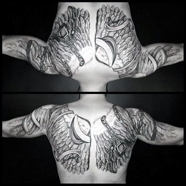 Angel Wings With Lock And Chain Creative Mens Upper Back Tattoo