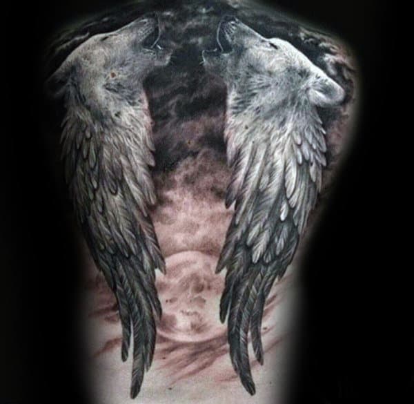 Angel Wings Wolf With Moon Mens Full Back Tattoos